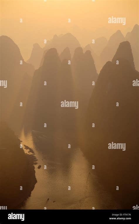 Limestone Karst Formations Along River Li At Dawn Guilin Region Guangxi