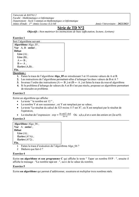 Td2 Algorithme 1 Série De Td N°2 Université De Batna 2 Faculté Mathématiques Et