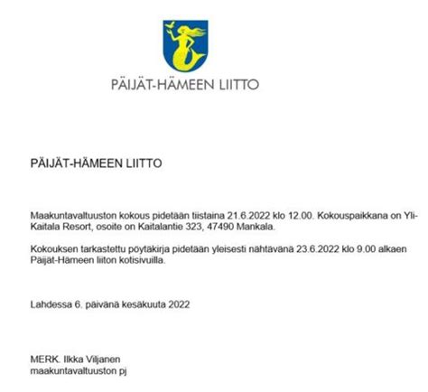 Kuulutus maakuntavaltuuston kokouksesta 21 6 2022 Päijät Hämeen liitto