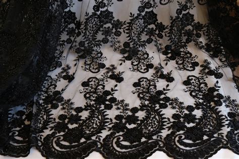 Black Beaded Lace Fabric Embroidery Lace Lace Fabric Bridal Etsy