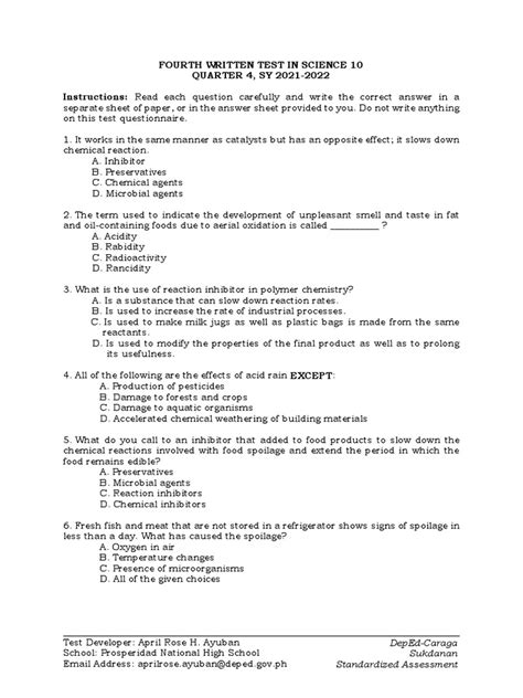 Fourth Written Test In Science 10 Quarter 4 Sy 2021 2022 Instructions Read Each Question