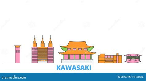 Japan Kawasaki Line Cityscape Flat Vector Travel City Landmark