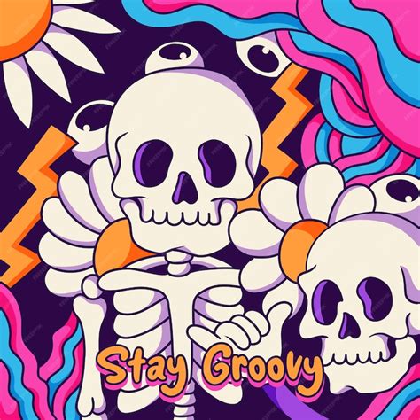 Premium Vector Groovy Skeleton With 90s Background Illustration