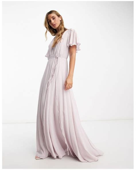 Asos Bridesmaid Flutter Sleeve Maxi Dress With Full Skirt And Self Tie