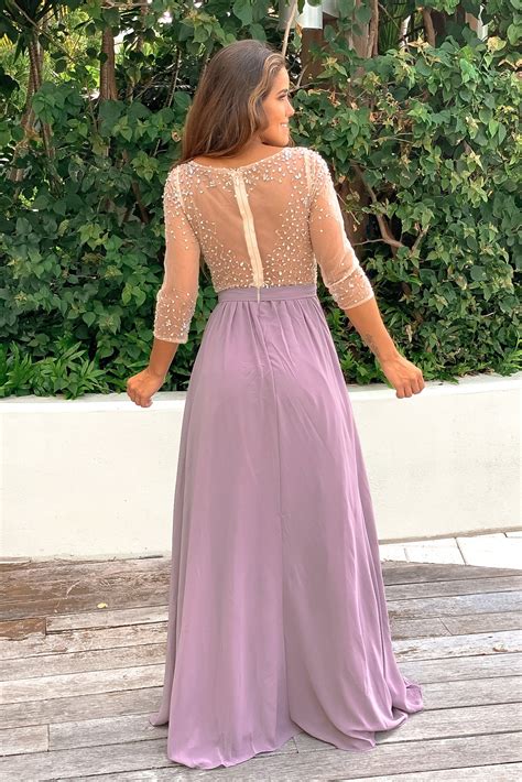 Mauve Maxi Dress With Silver Jewels And 3 4 Sleeves Formal Dresses