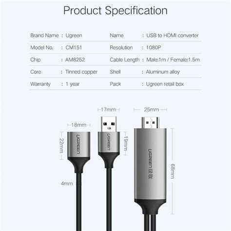 Ugreen Hdmi Usb To Hdmi Digital Av Cable 50291 Sliver