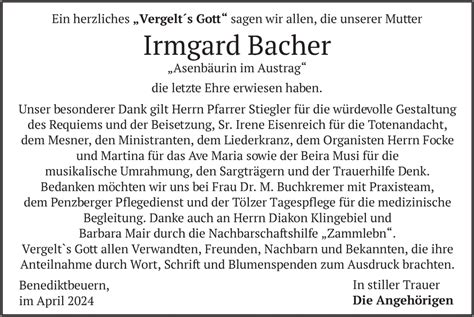 Traueranzeigen Von Irmgard Bacher Trauer Merkur De