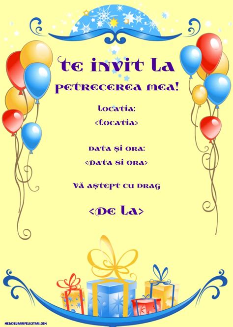 Te invit la petrecere invitatie cu baloane Invitații la Ziua de