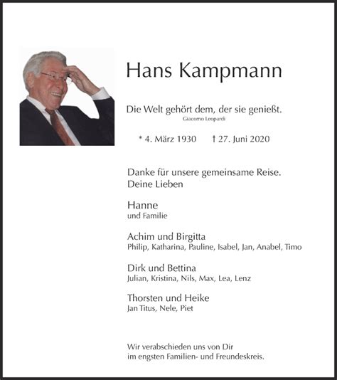 Traueranzeigen Von Hans Kampmann Trauer In Nrw De