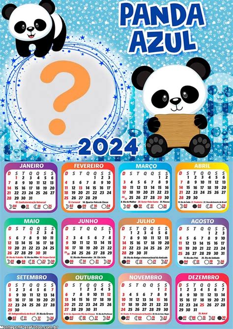 Calendário 2024 Panda Azul Colagem De Foto Infantil Colagem De Foto