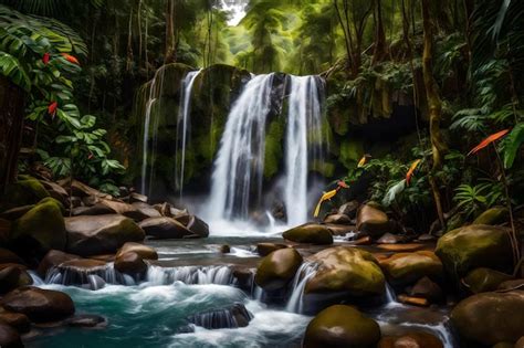 Una Cascada En La Jungla Con Un Fondo Forestal Foto Premium