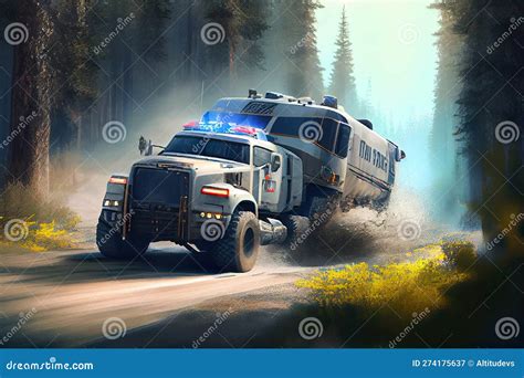 High-speed Chase between Police and Criminal Truck on Forest Road Stock Image - Image of ...