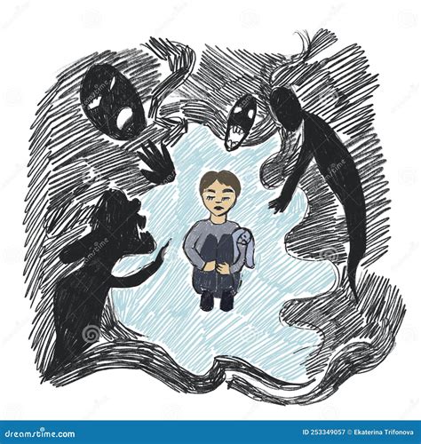 Childs Drawing Of A Boy Surrounded By His Fears A Traumatized Child