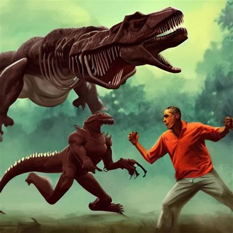 Obama Fighting A T Rex Trending On Artstation 4 K Stable