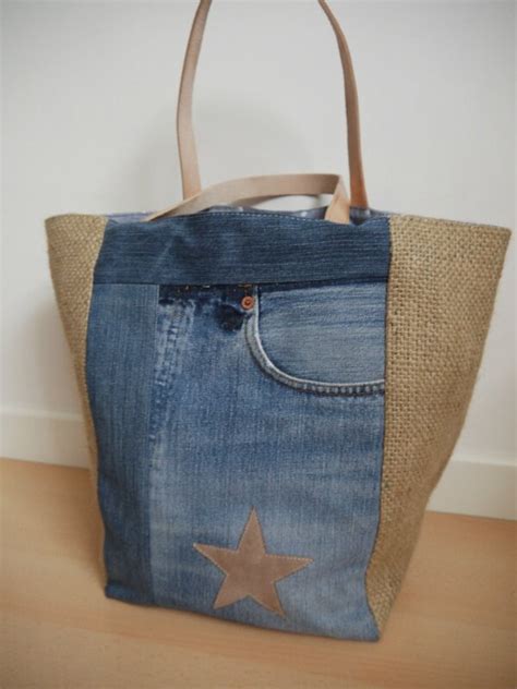 UPCYCLING sac cabas en toile de jeans et toile de jute de sac à café