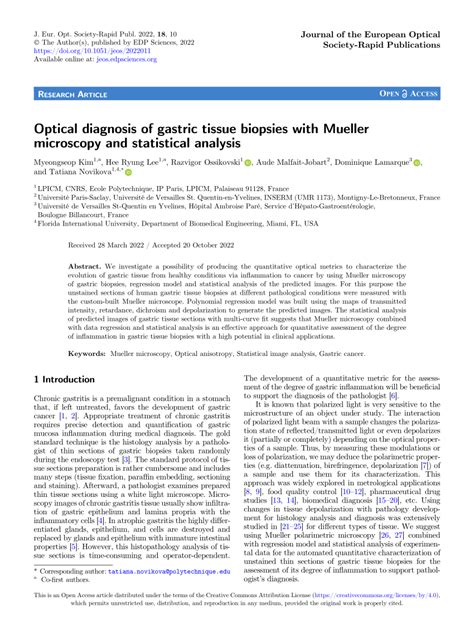 Pdf Optical Diagnosis Of Gastric Tissue Biopsies With Mueller Microscopy And Statistical Analysis