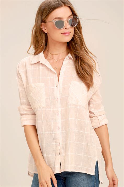 Cute Blush Pink Top Button Up Top Long Sleeve Top Grid Print Top