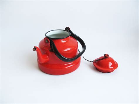 Vintage Red Enamel Teapot Coffee Kettle Serving Enamelware Metal Pot