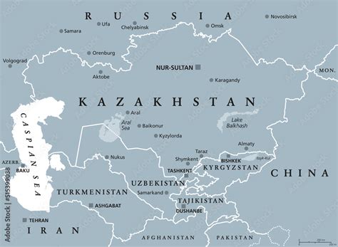 Central Asia Gray Political Map Subregion Of Asia Consisting Of