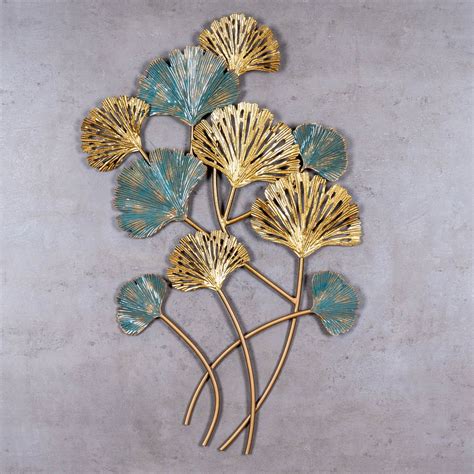 Wandbild 48x76cm Gold Blau Ginkgo Metall Bild Wand Deko Wandhänger