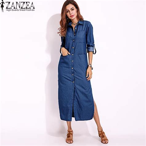 S 5xl Zanzea Women Long Sleeve Buttons Down Shirt Dress Denim Blue