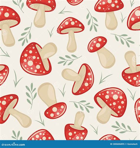 Vector Seamless Pattern With Hand Drawn Cartoon Mushrooms Amanita Muscaria Fly Agaric