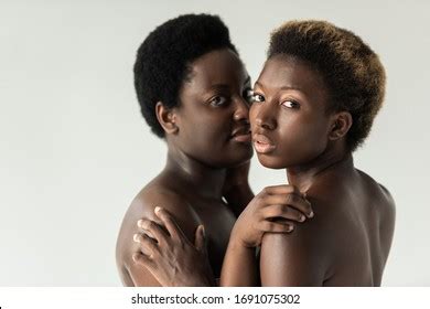 Nude African American Women Hugging Isolated Stock Photo