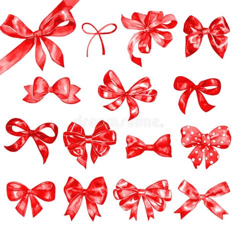 Watercolor Red Satin Bow Set Hand Painted Illustration Stock