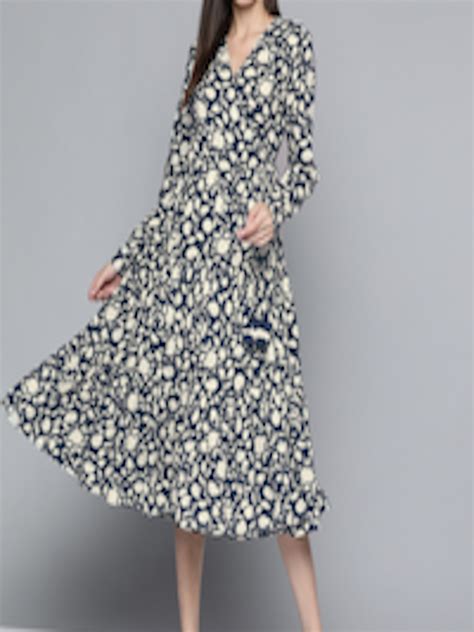 Buy Femella Navy Blue And Cream Coloured Floral Printed Wrap Midi Dress Dresses For Women