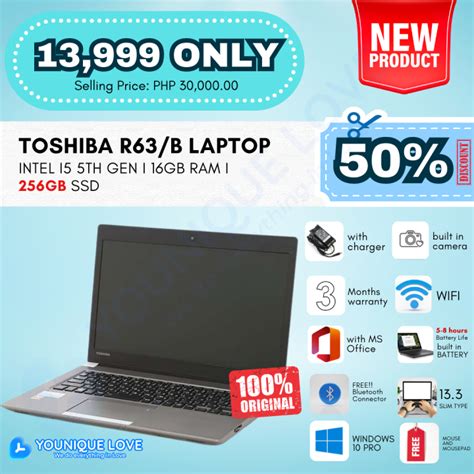 TOSHIBA TOSHIBA R63B Laptop with Intel i5 5th Gen, 16GB RAM, and a blazing-fast 256GB SSD ...