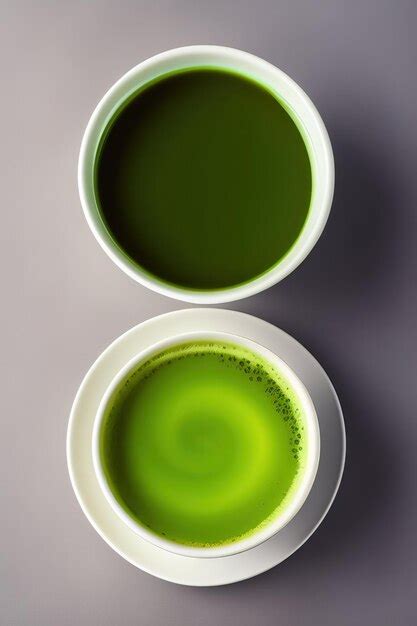 Taza de café con leche matcha de té verde caliente con platillo blanco