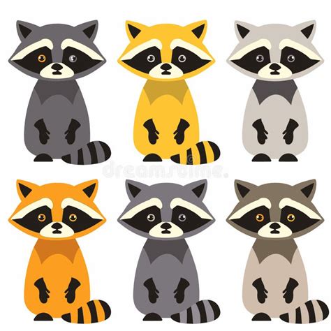 Six Cartoon Raccoons Different Fur Colors Expressions Cute Raccoon