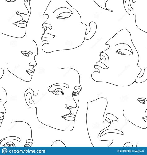 Vector Seamless Pattern Continuous Line Art With Woman Face Linear