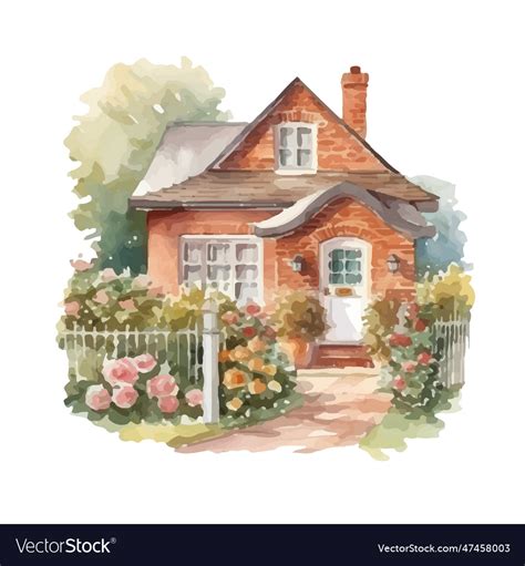 Watercolor Beautiful House With Trees And Flowers Vector Image