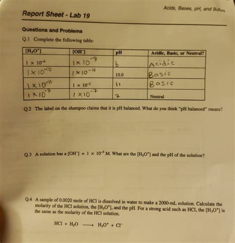 Acids Bases Ph And Buffers Report Sheet