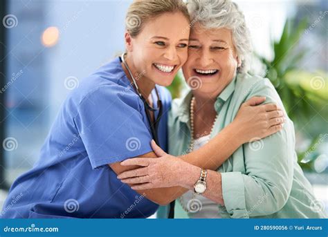 Nurse Laugh Senior Woman And Hug Of Caregiver And Happy Smile With