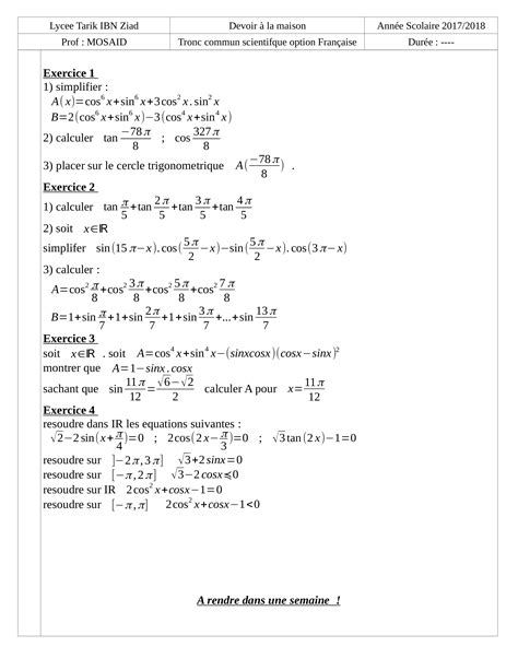 Devoir à la maison 1 Calcul Trigonométrique Tronc Commun Sciences