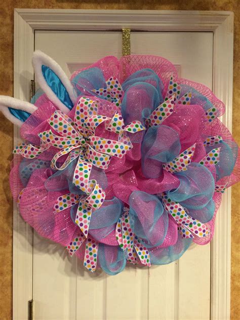 Blue And Pink Deco Mesh Easter Wreath Easter Mesh Wreaths Mesh