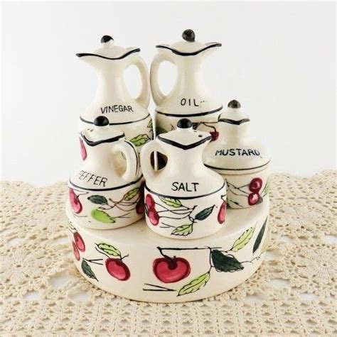 Vintage Japan Hand Painted Ceramic 5 Piece Condiment Set With Stand