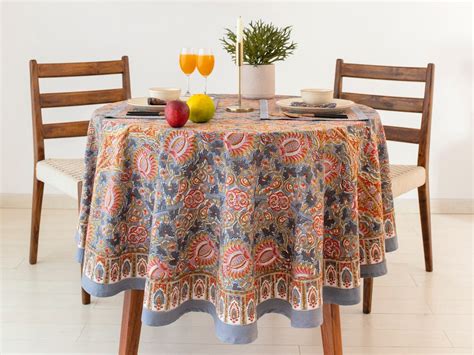 Grey Block Printed Round Tablecloth 90 Inch Tablecloth French Round