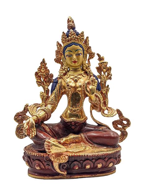 Green Tara Buddhist Miniature Statue Partly Gold Plated Face