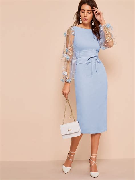 D Appliques Mesh Sleeve Corset Belted Pencil Dress Pencil Dress