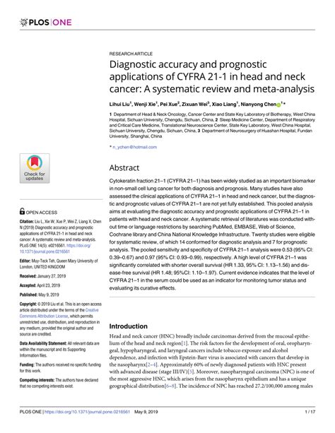 PDF Diagnostic Accuracy And Prognostic Applications Of CYFRA 21 1 In