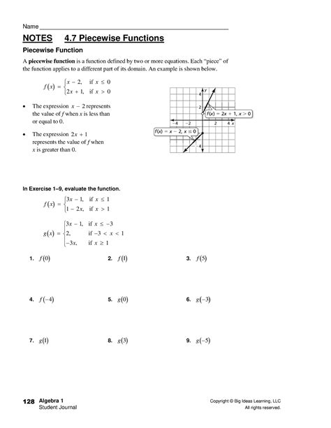 Piecewisefunctionsnotes Algebra 1 Copyright © Big Ideas Learning