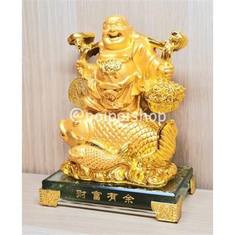 Jual Pajangan Patung Fengshui Julaihut Buddha Emas Ikan Koin Emas Bawa