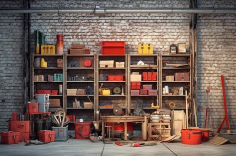 Premium AI Image | A garage with shelves and boxes and tools on the wall.