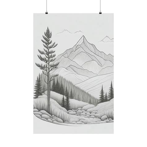 Majestic Peaks Pencil Sketch Mountain Scene POSTER - Etsy