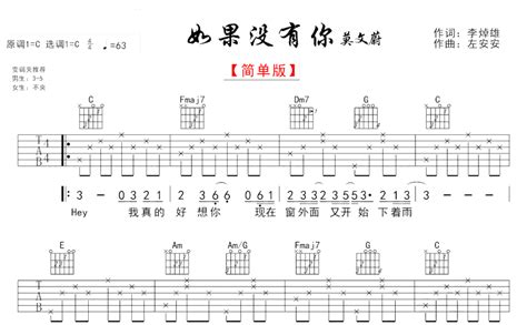 莫文蔚《如果没有你》吉他谱c调吉他弹唱谱简单版 打谱啦