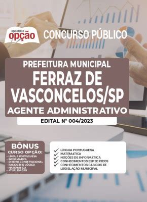 Apostila Prefeitura De Ferraz De Vasconcelos SP Agente Administrativo