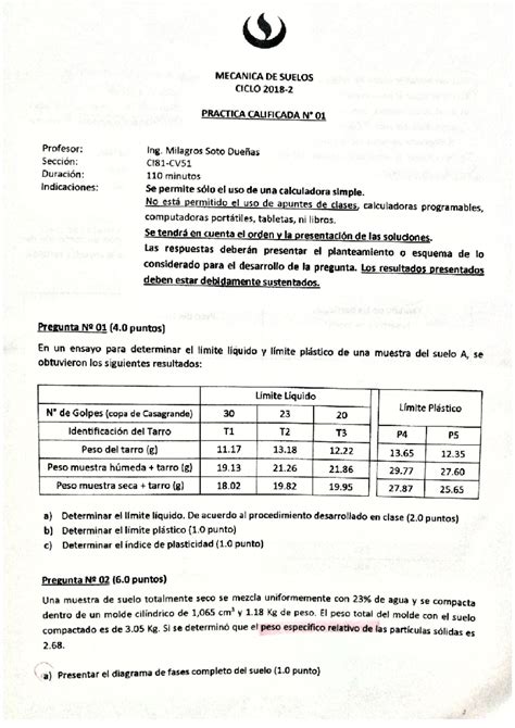 PC1 Mecanica De Suelos MECANICA DE SUELOS CICLO PRACTICA CALIFICADA